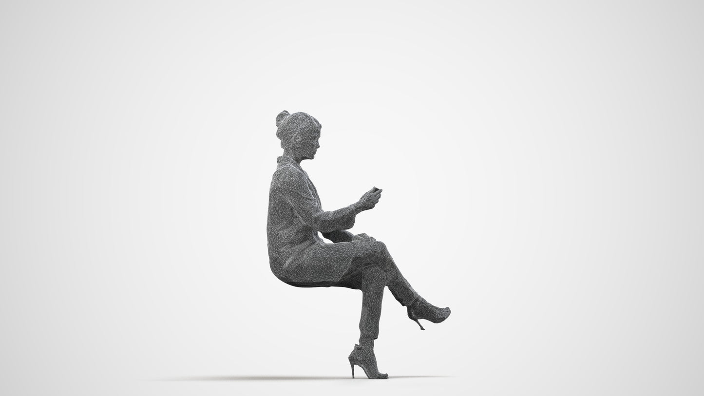 3D human model woman business sitting, photogrammetry scanned person for archviz, wireframe side view
