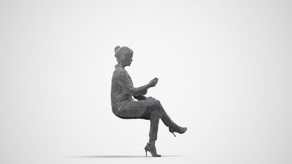 3D human model woman business sitting, photogrammetry scanned person for archviz, wireframe side view