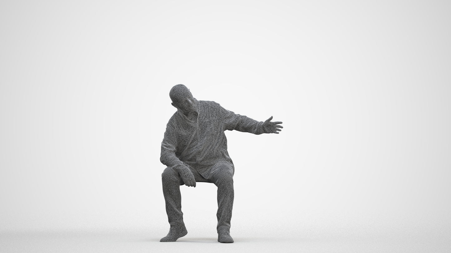 scanned 3D senior man casual sitting, photogrammetry people for Enscape and V-Ray, three-quarter front view render