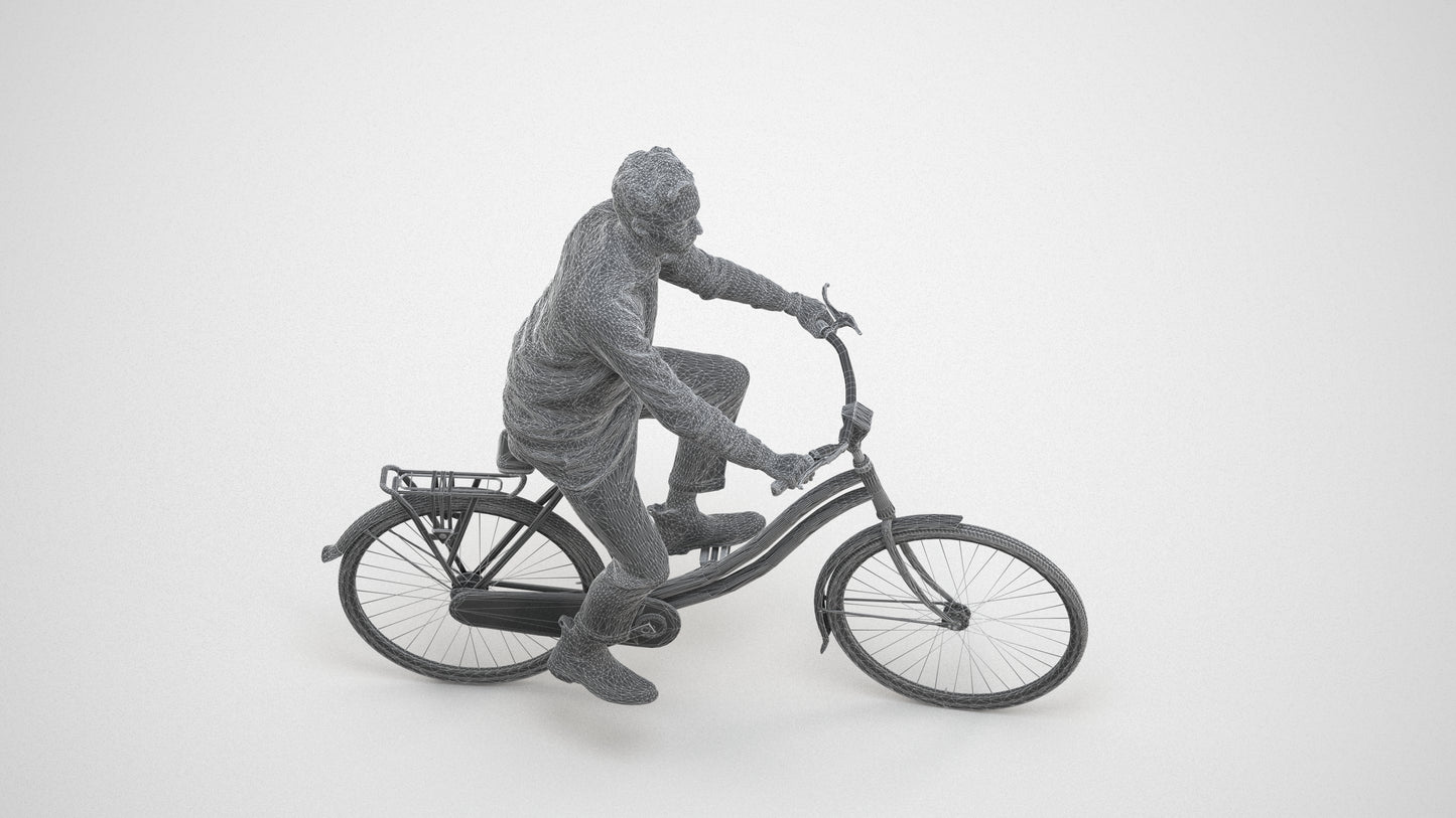 3D human model man casual cycling, photogrammetry scanned person for archviz, wireframe three-quarter view