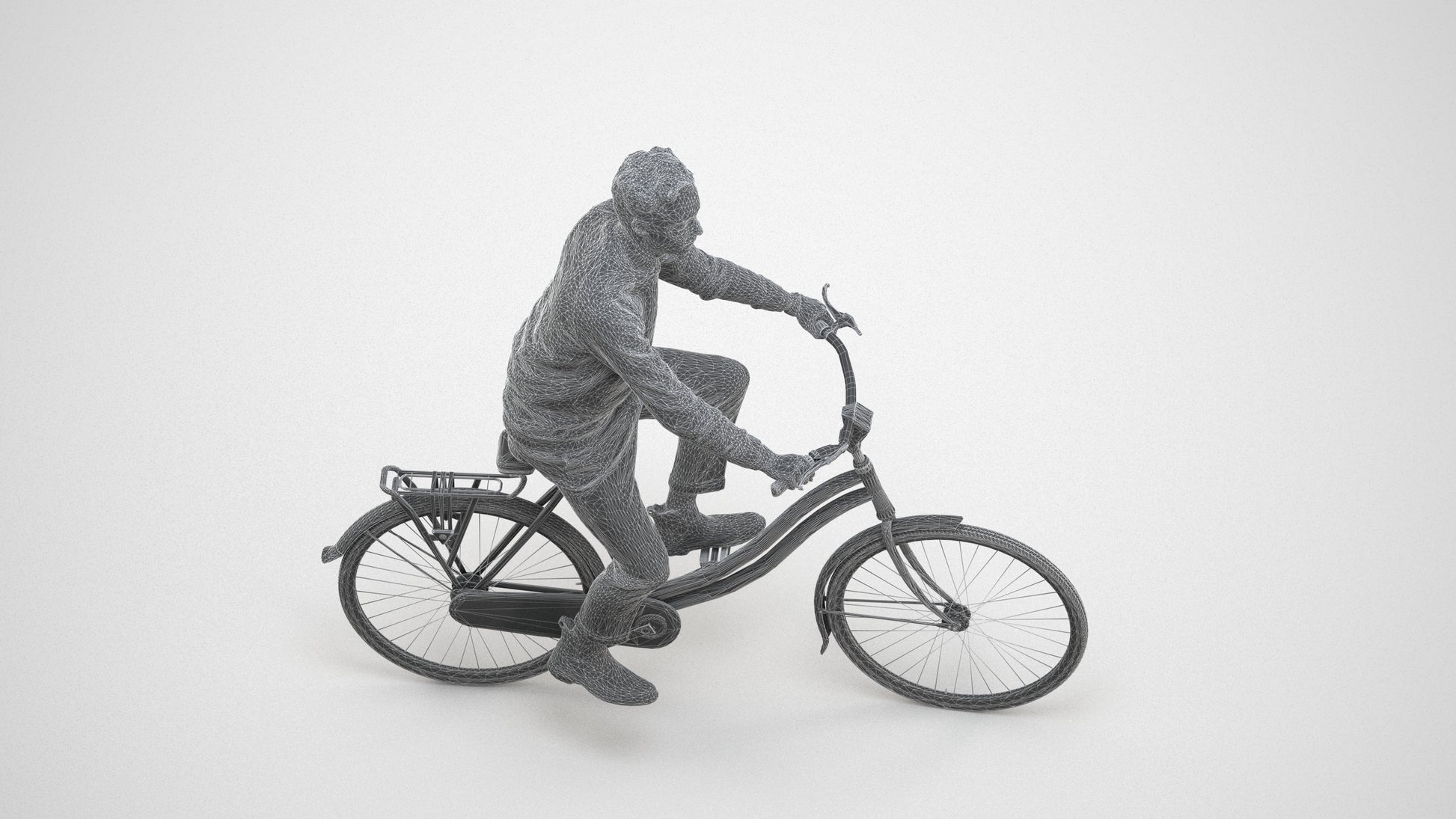 3D human model man casual cycling, photogrammetry scanned person for archviz, wireframe three-quarter view