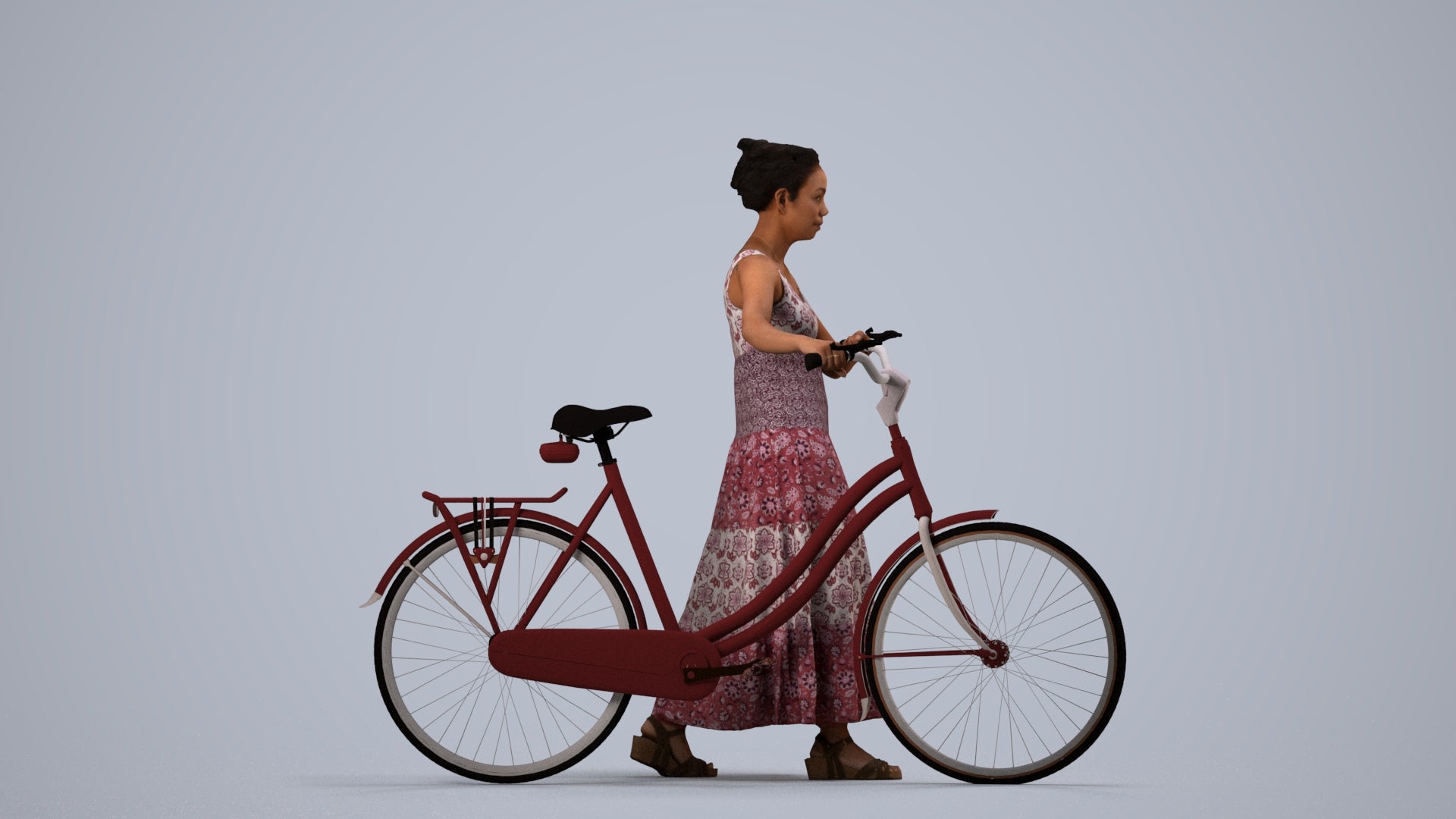 realistic 3D woman casual cycling, scanned archviz people for Blender and 3ds Max, side view render