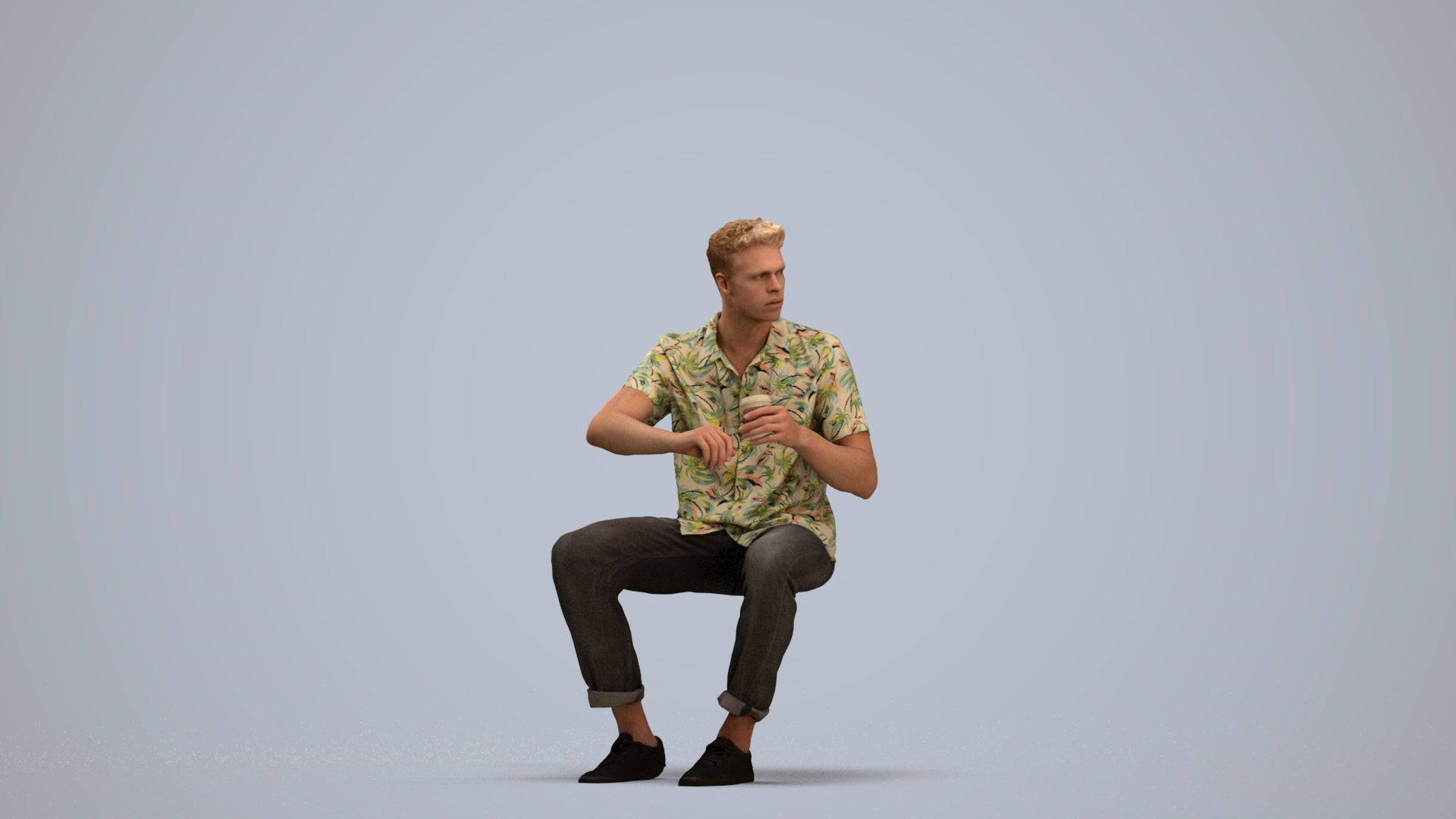 3D people model man casual sitting, scanned human for 3ds Max rendering, standing pose render