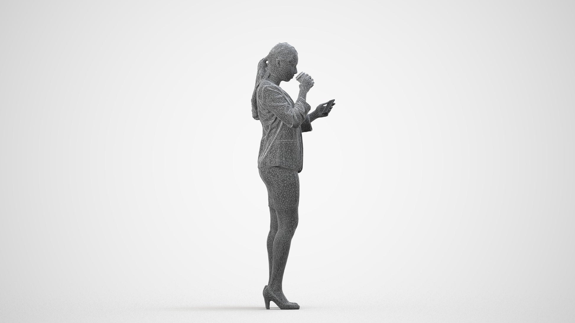 realistic 3D human woman business, archviz people FBX OBJ for Blender, wireframe side view