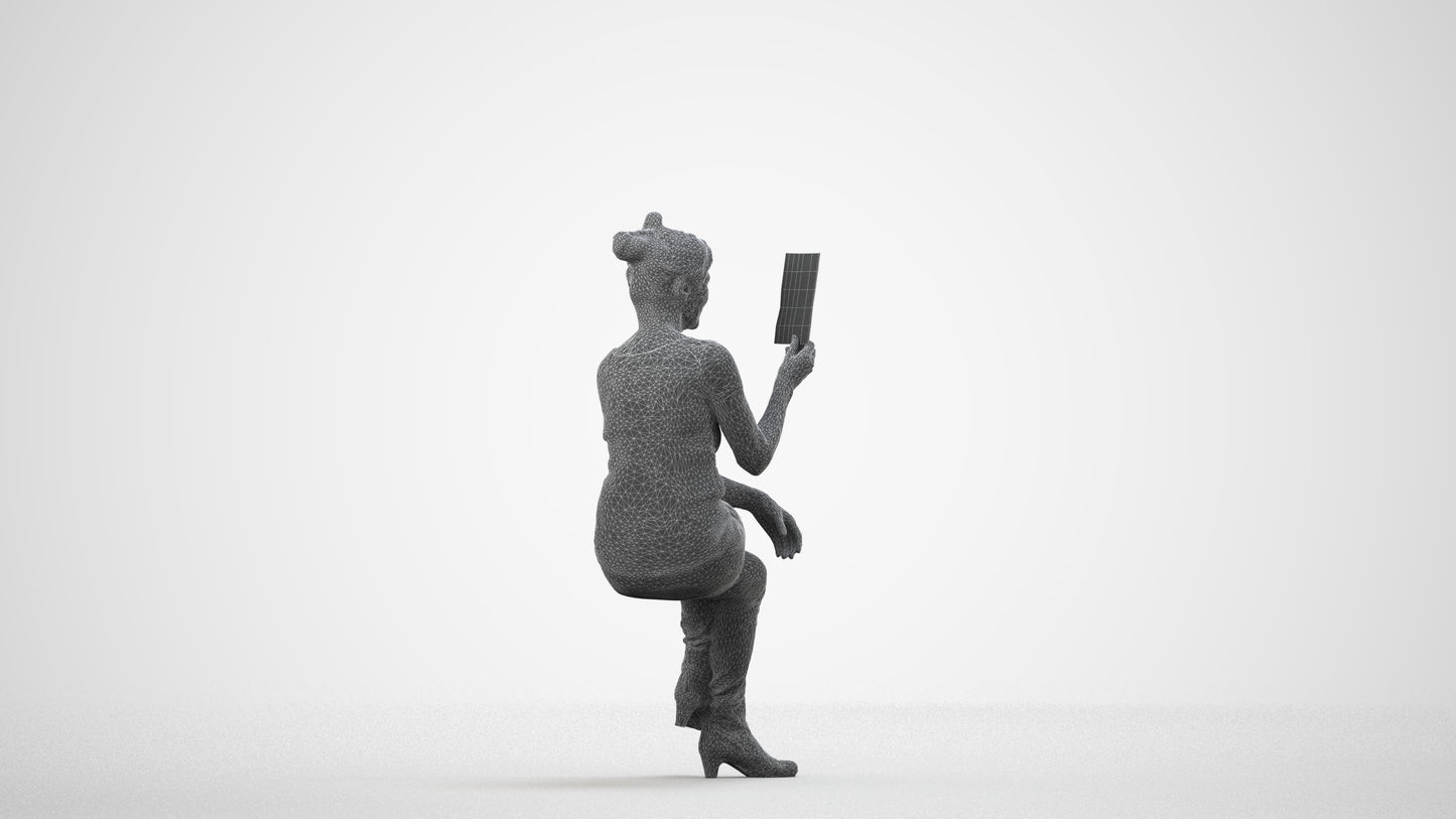 3D scanned senior woman sitting casual, photorealistic archviz people for Enscape and SketchUp, wireframe side view