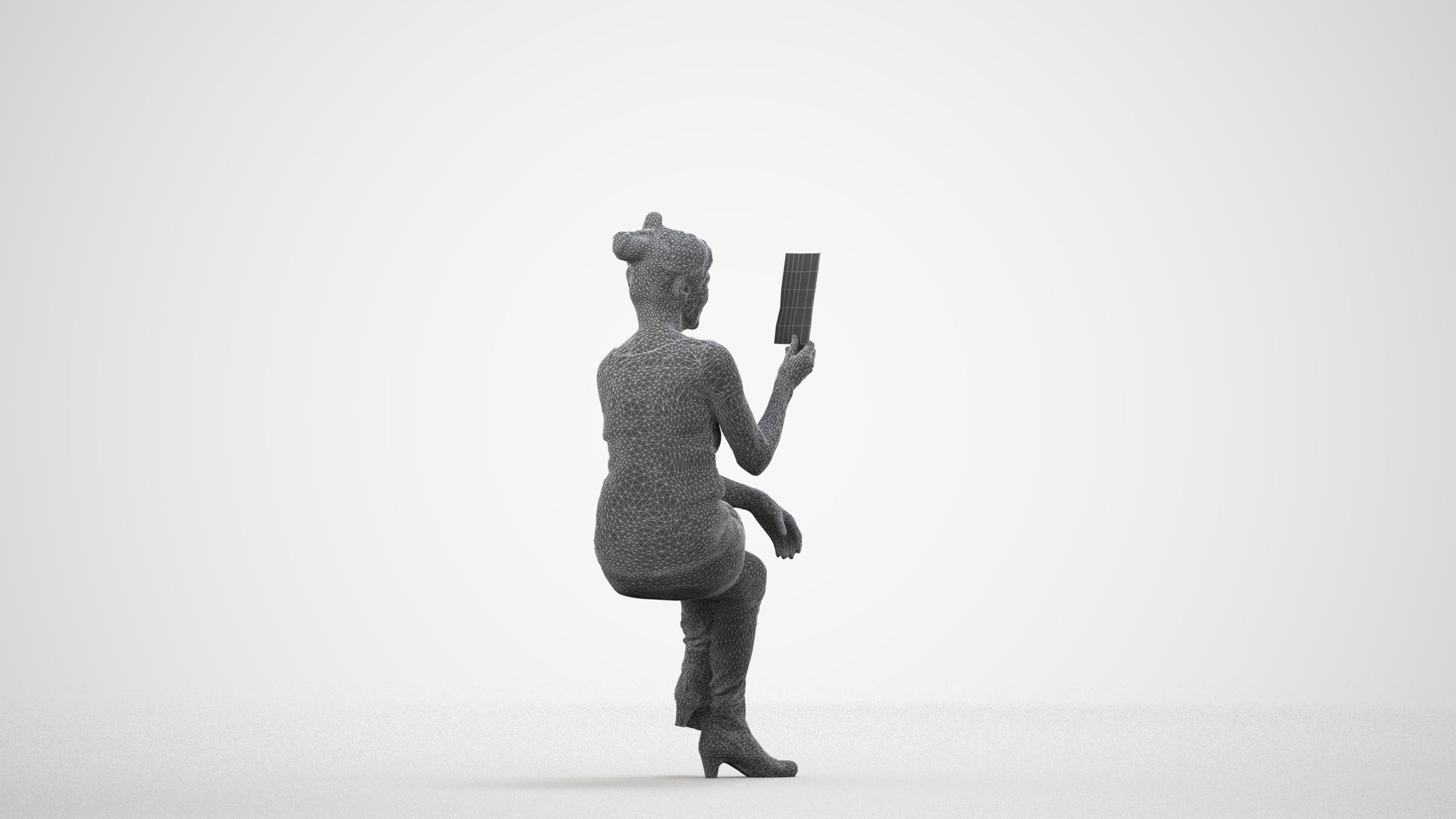 3D scanned senior woman sitting casual, photorealistic archviz people for Enscape and SketchUp, wireframe side view
