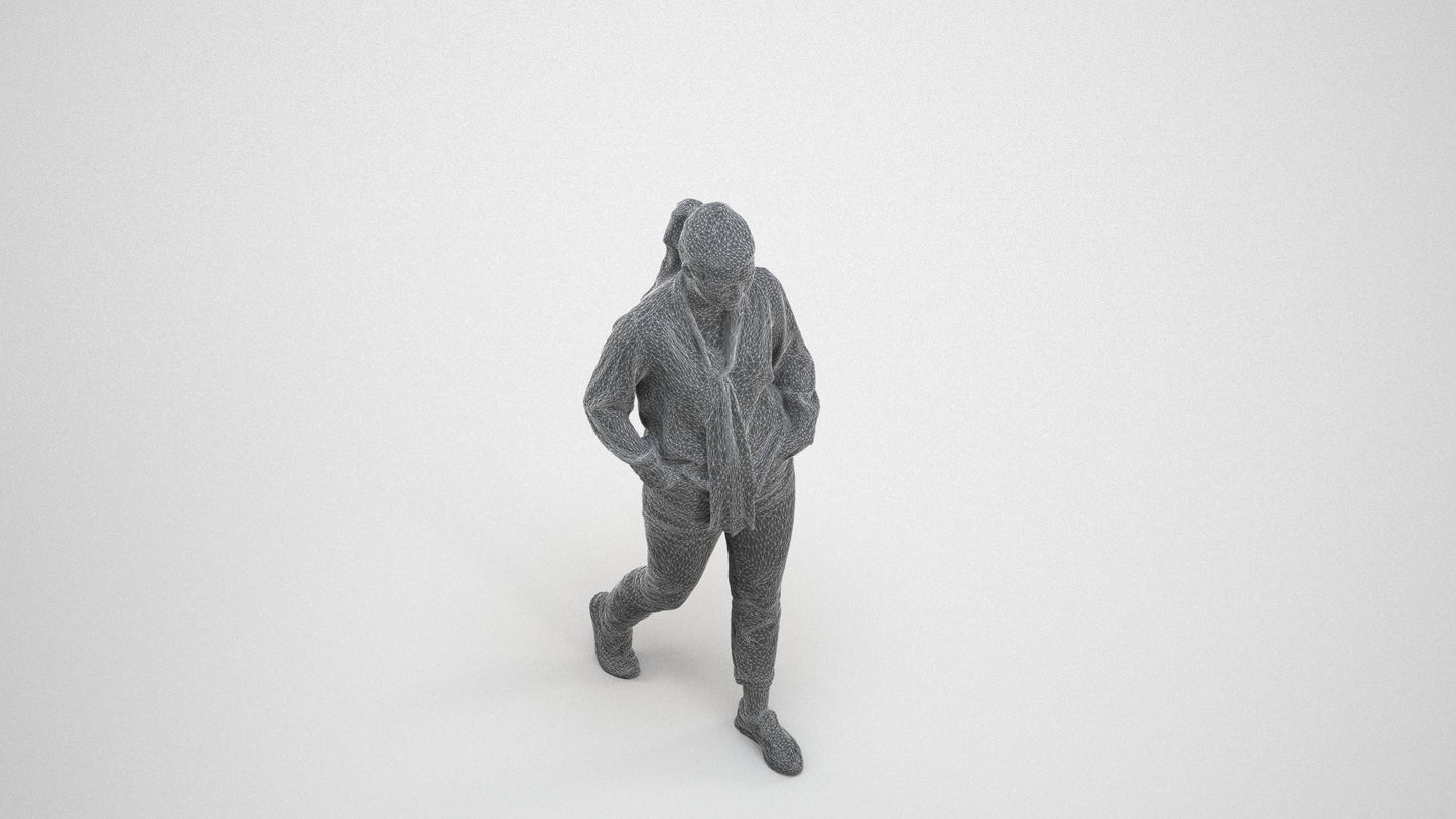 photogrammetry 3D woman casual walking, realistic human model archviz FBX, wireframe three-quarter view