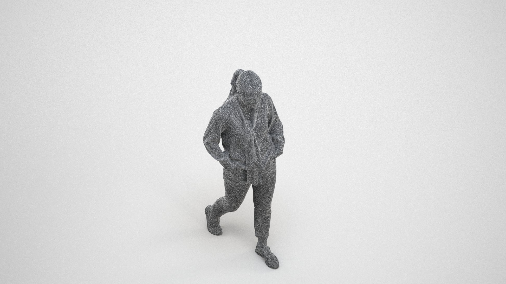 photogrammetry 3D woman casual walking, realistic human model archviz FBX, wireframe three-quarter view