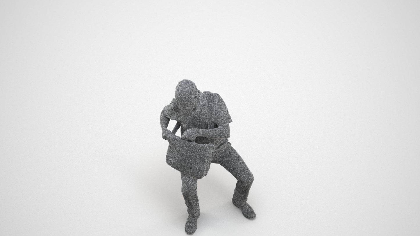 realistic 3D human senior man casual sitting, archviz people FBX OBJ for Blender, wireframe three-quarter view