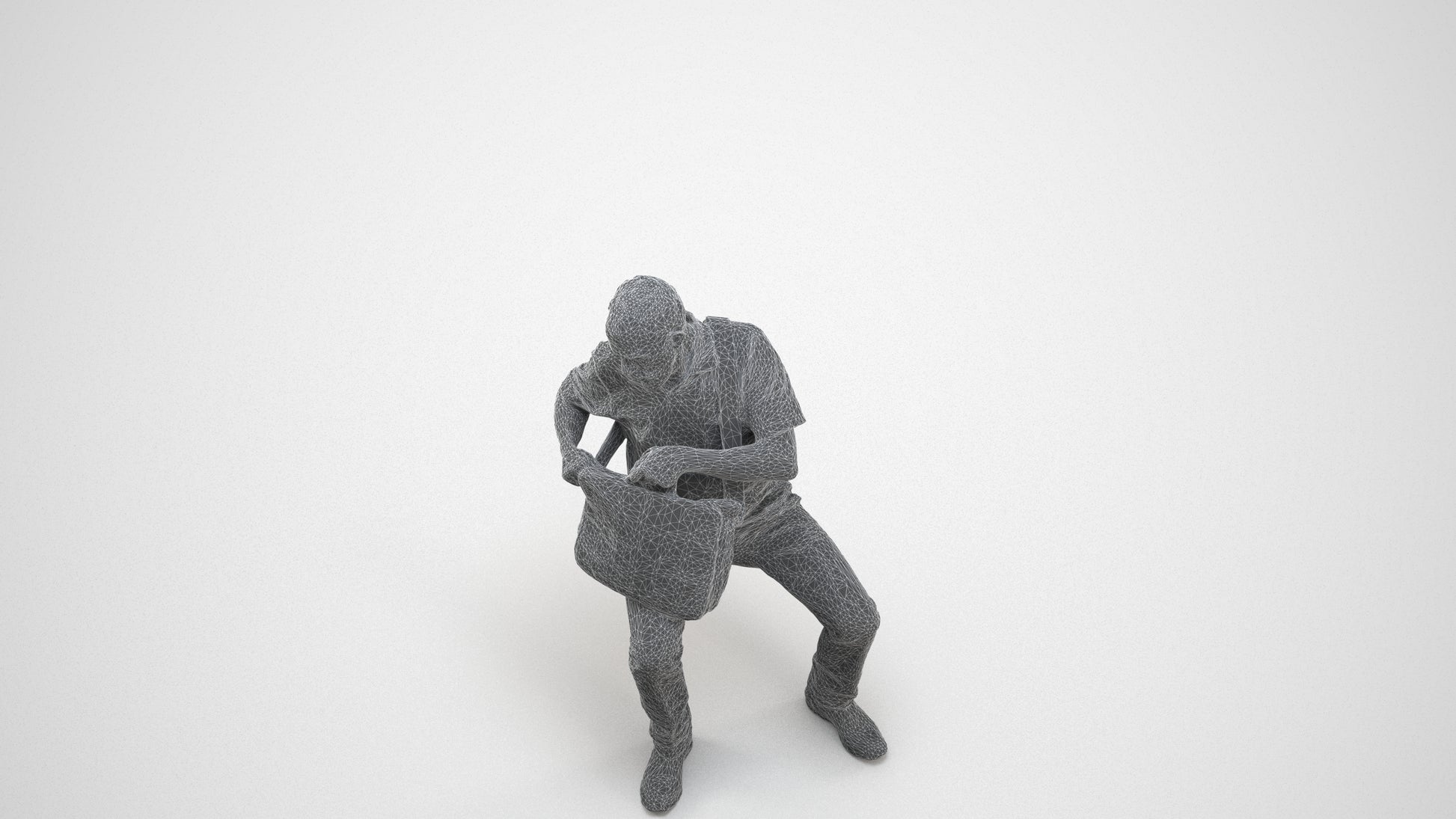 realistic 3D human senior man casual sitting, archviz people FBX OBJ for Blender, wireframe three-quarter view