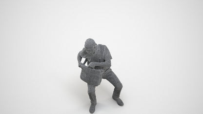 realistic 3D human senior man casual sitting, archviz people FBX OBJ for Blender, wireframe three-quarter view