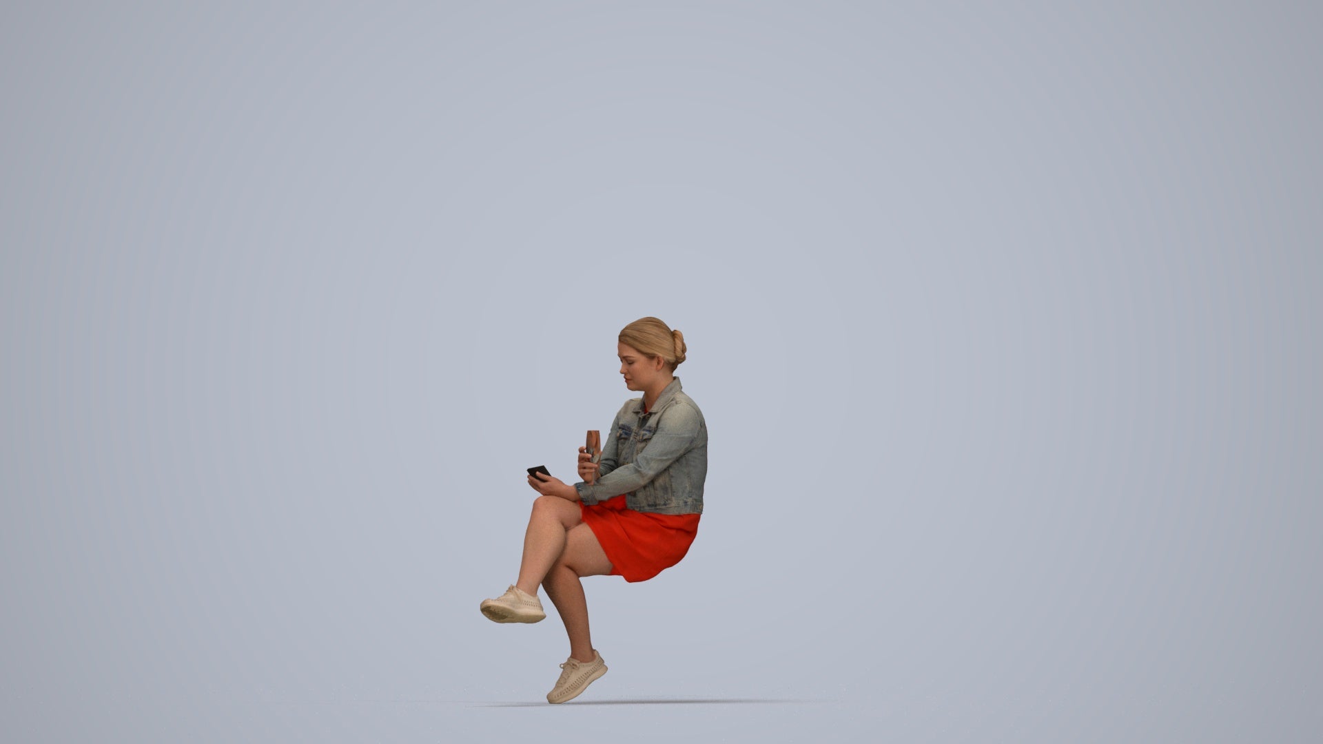 3D people model woman casual sitting, scanned human for 3ds Max rendering, top-down view render