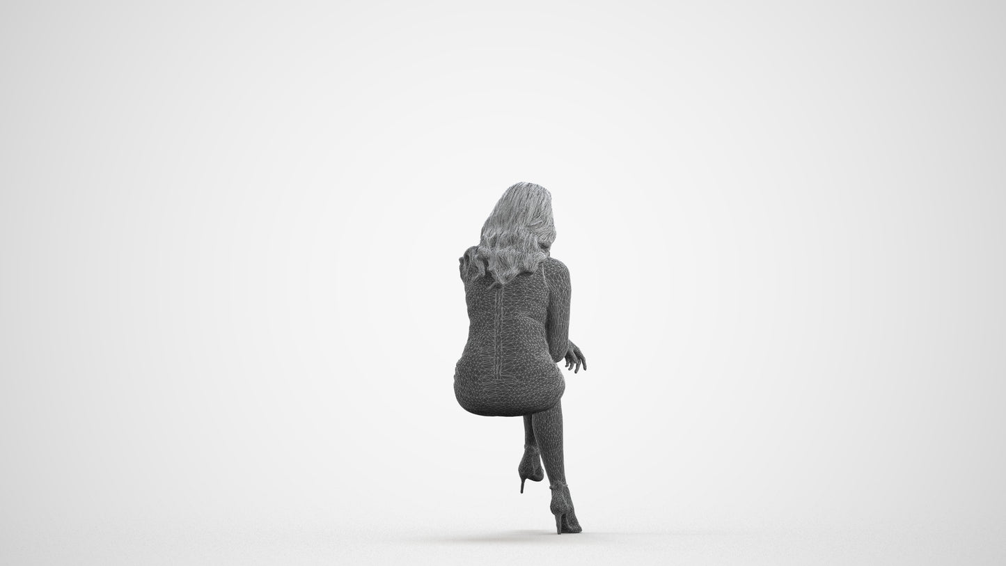 realistic 3D human woman casual sitting, archviz people FBX OBJ for Blender, wireframe front view
