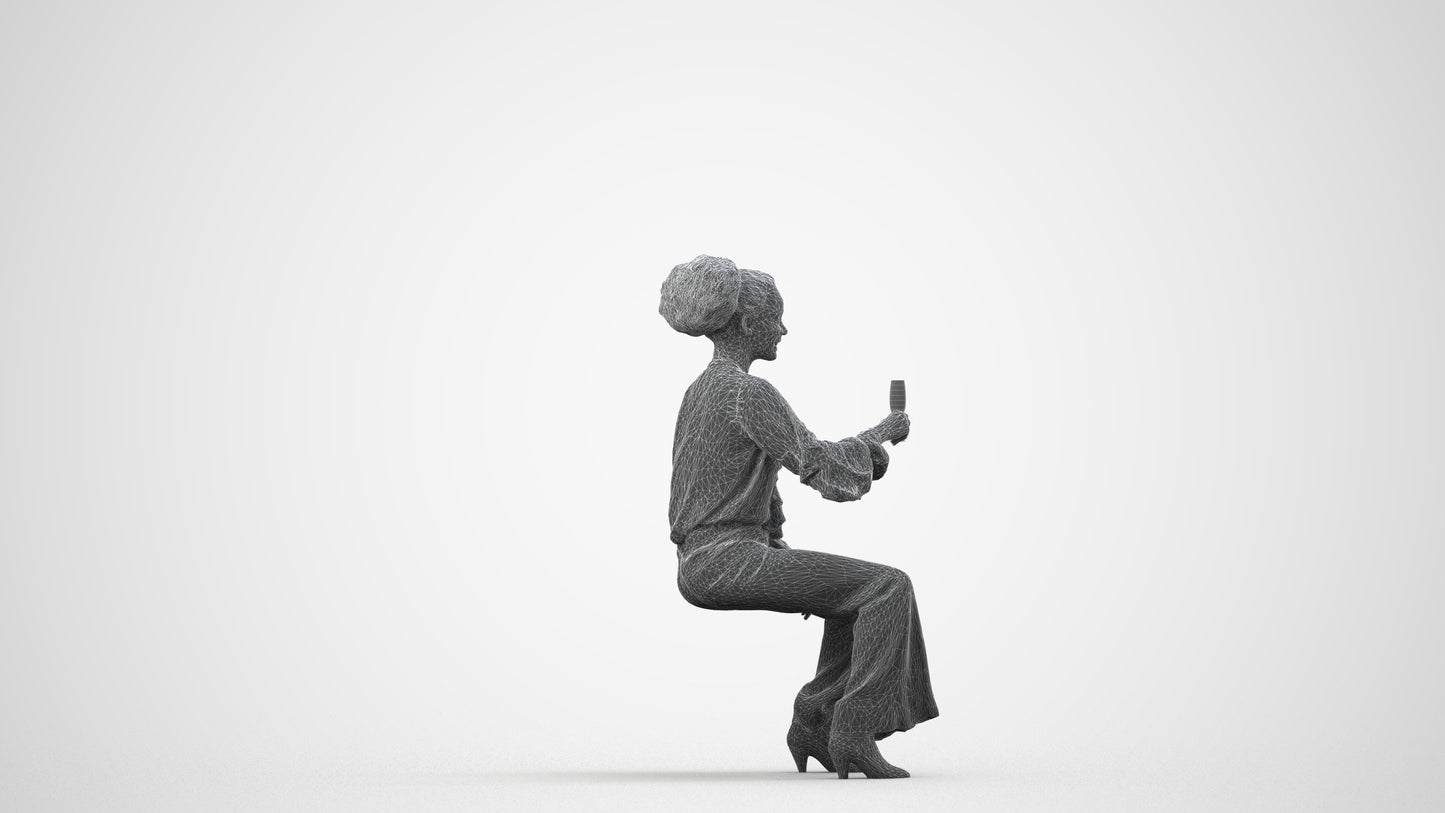 realistic 3D human woman casual sitting, archviz people FBX OBJ for Blender, wireframe side view