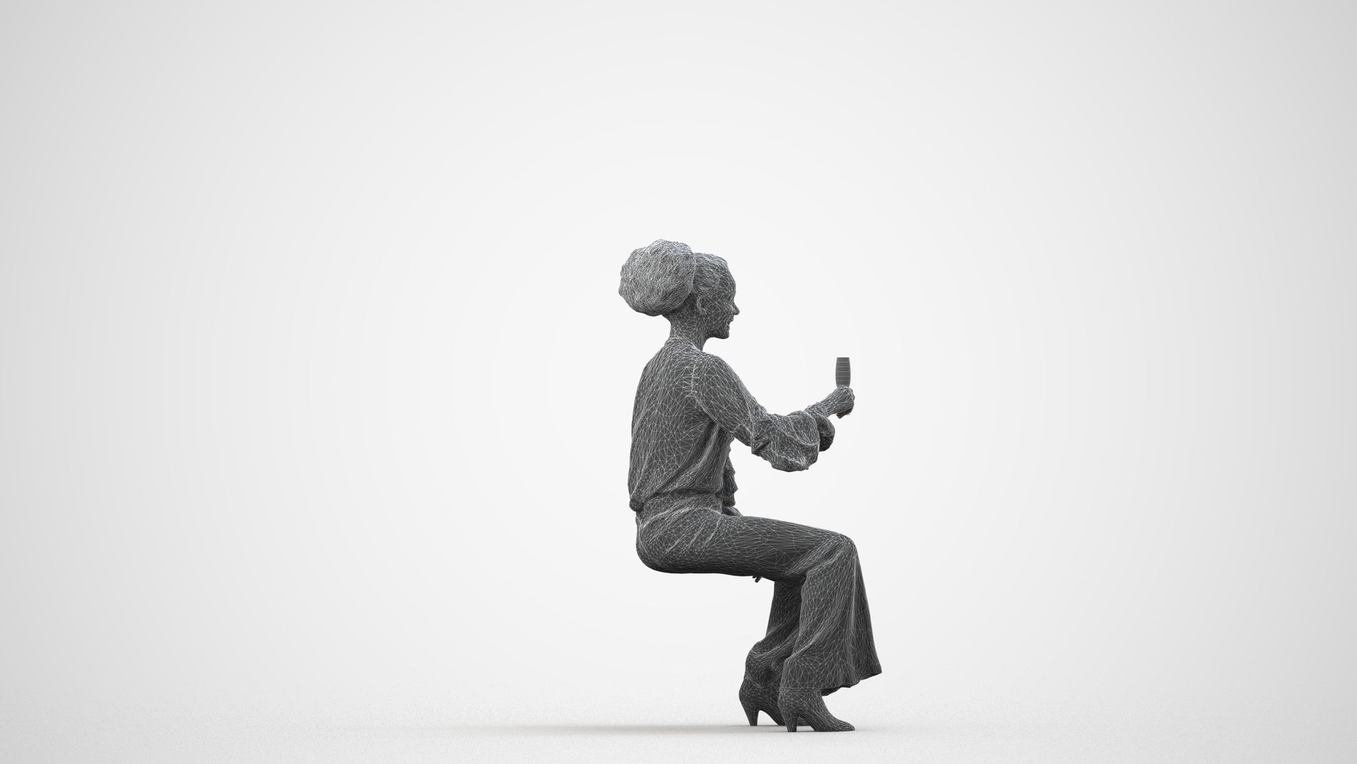 realistic 3D human woman casual sitting, archviz people FBX OBJ for Blender, wireframe side view