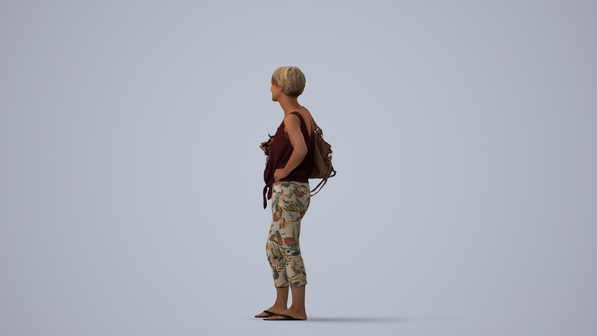 3D people model senior woman standing, scanned human for 3ds Max rendering, three-quarter view render