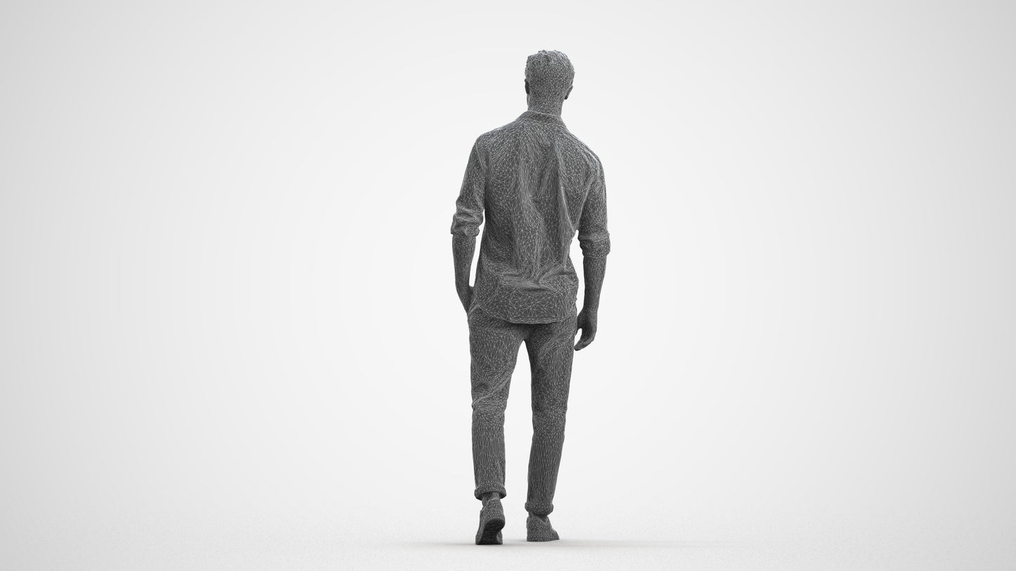realistic 3D man casual walking, scanned archviz people for Blender and 3ds Max, wireframe front view