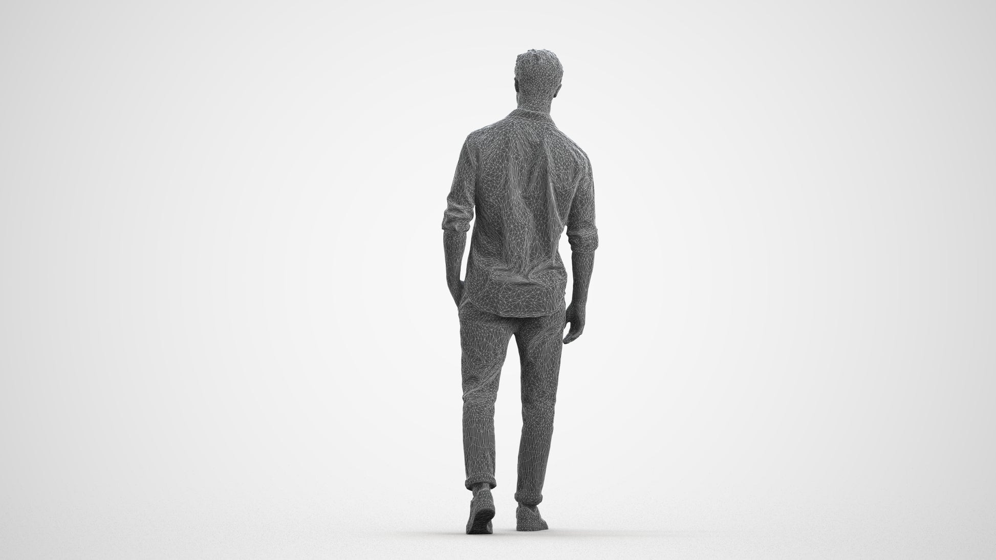 realistic 3D man casual walking, scanned archviz people for Blender and 3ds Max, wireframe front view