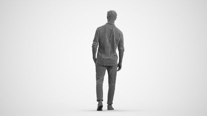 realistic 3D man casual walking, scanned archviz people for Blender and 3ds Max, wireframe front view