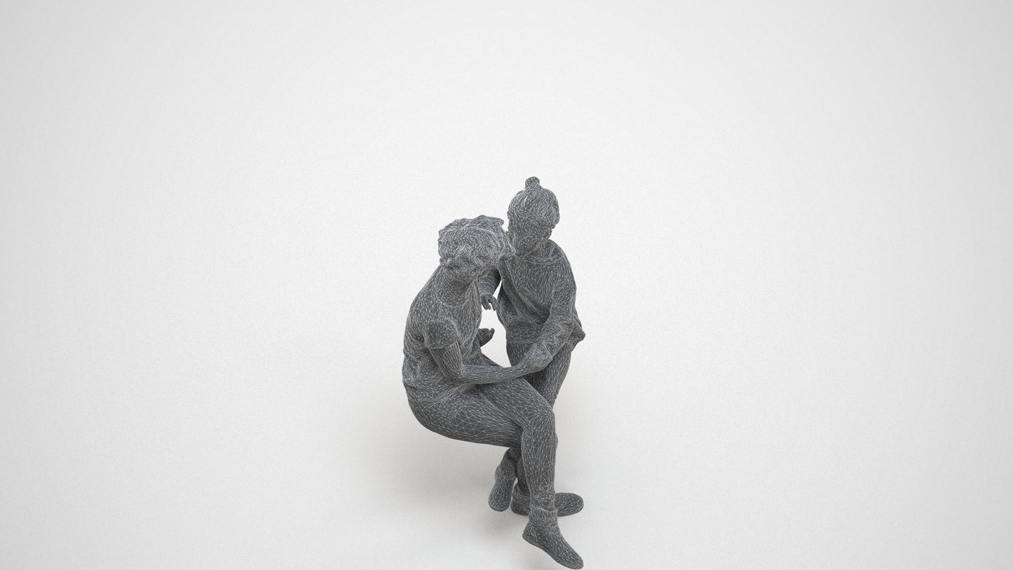 3D human model girl casual kids, photogrammetry scanned person for archviz, wireframe three-quarter view