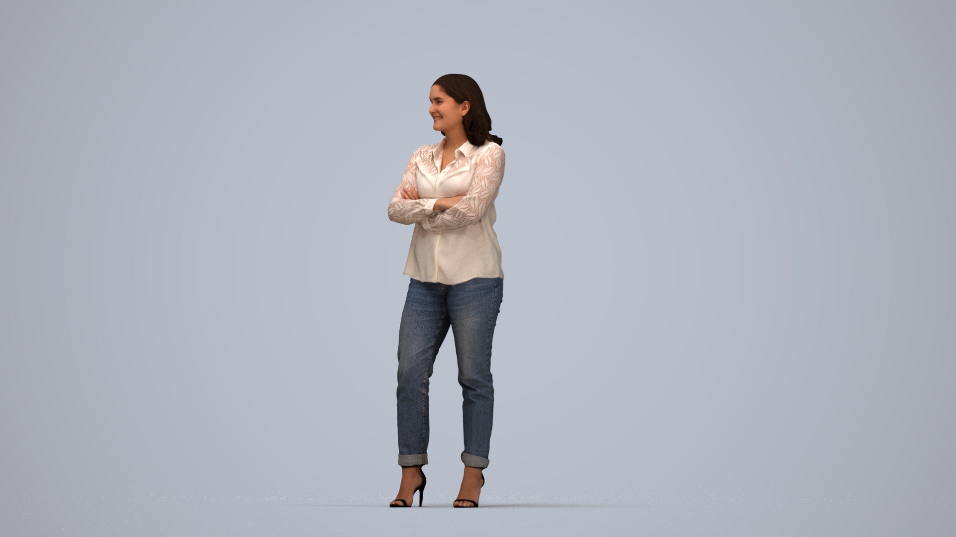 3D scanned woman standing casual, photorealistic archviz people for Enscape and SketchUp, top-down view render