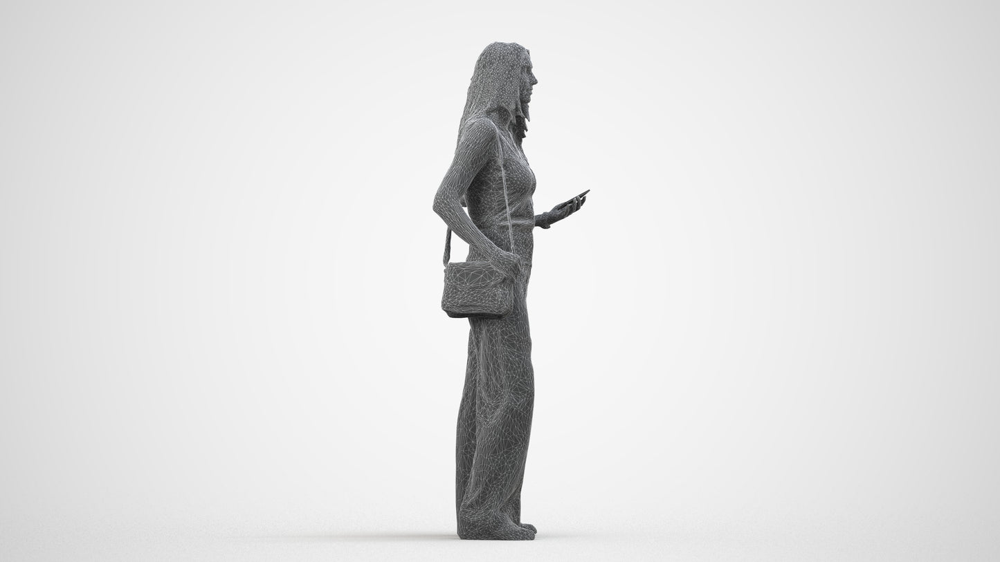 realistic 3D people woman casual standing, render-ready for V-Ray and Corona, FBX OBJ, wireframe side view