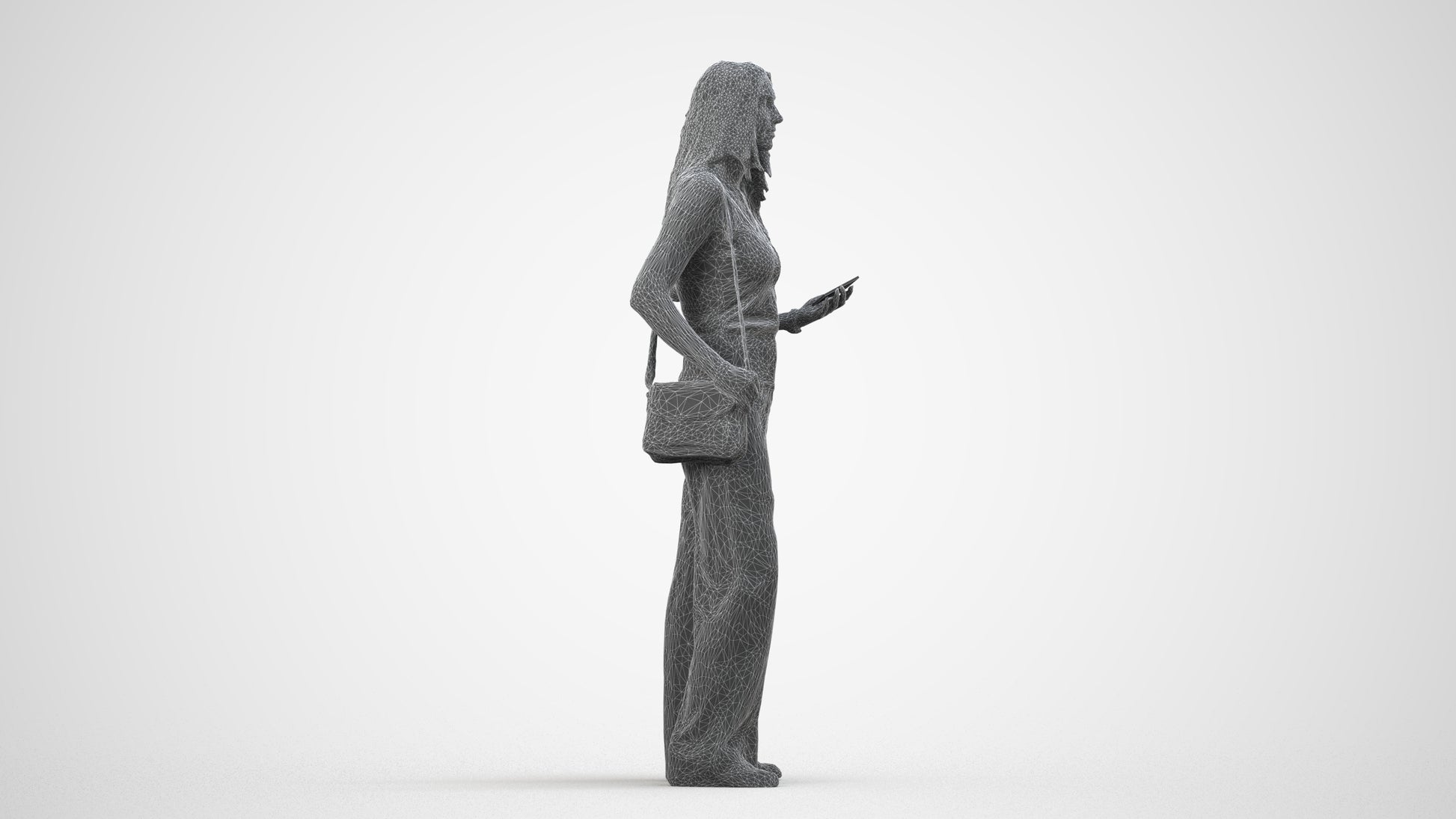 realistic 3D people woman casual standing, render-ready for V-Ray and Corona, FBX OBJ, wireframe side view