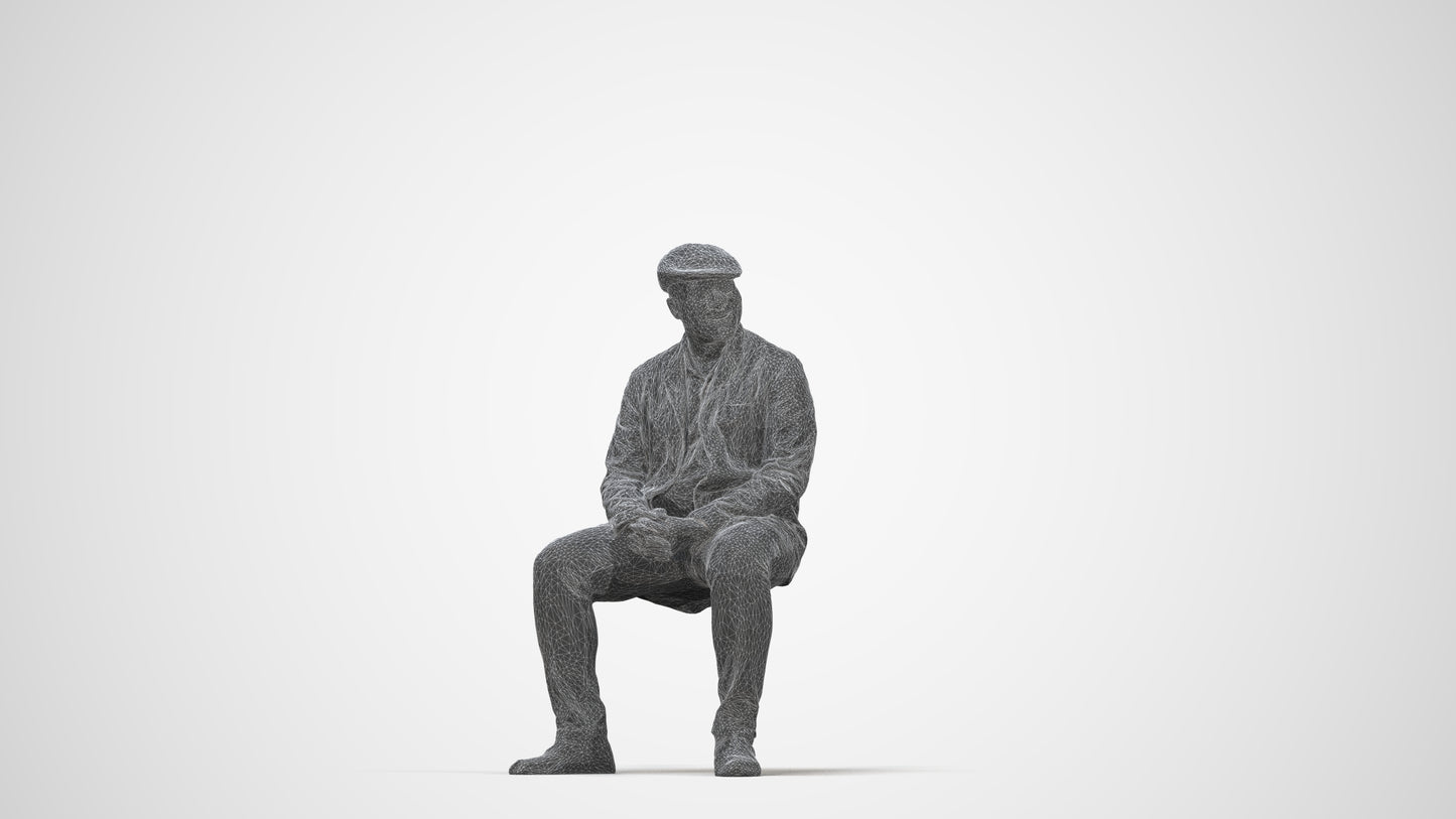 3D people model man casual sitting, scanned human for 3ds Max rendering, wireframe back view