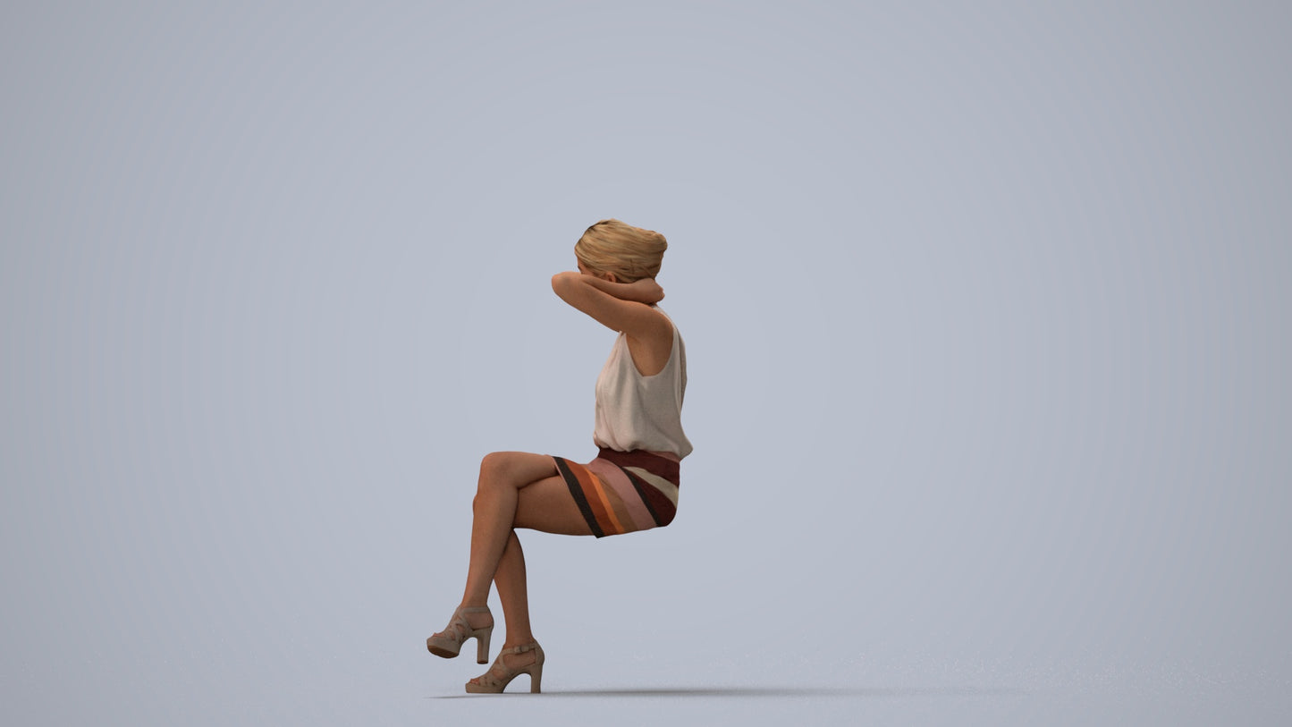 realistic 3D woman casual sitting, scanned archviz people for Blender and 3ds Max, three-quarter view render