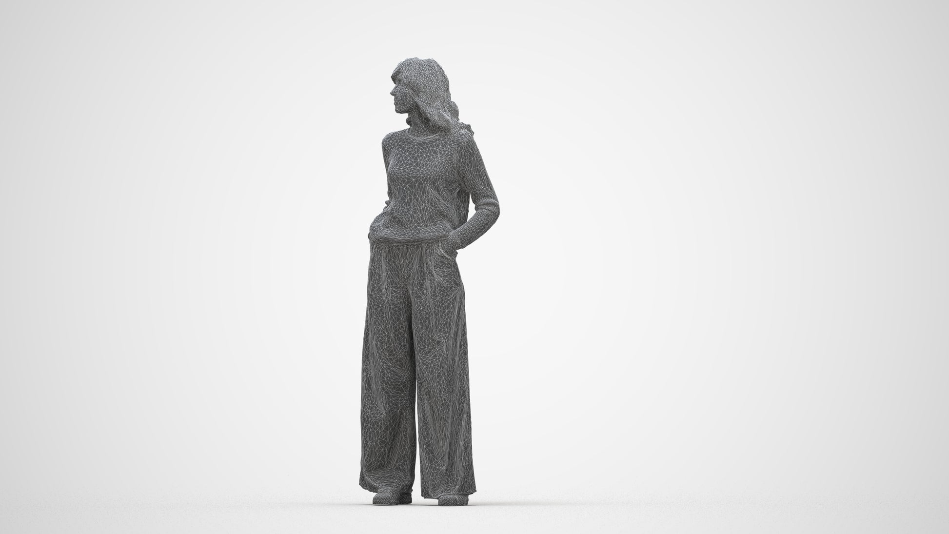 scanned 3D woman casual standing, photogrammetry people for Enscape and V-Ray, wireframe back view