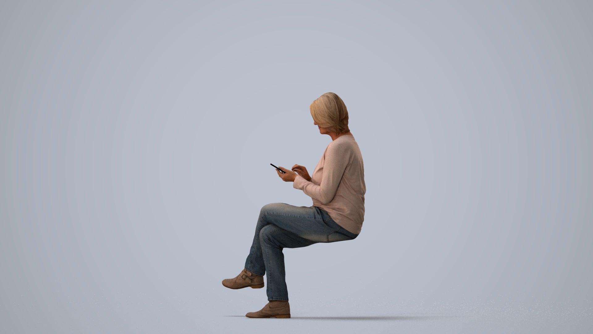 3D people model woman casual sitting, scanned human for 3ds Max rendering, three-quarter view render