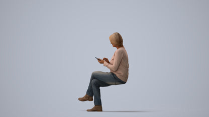 3D people model woman casual sitting, scanned human for 3ds Max rendering, three-quarter view render