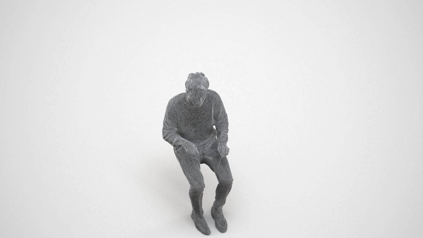 realistic 3D man casual sitting, scanned archviz people for Blender and 3ds Max, wireframe three-quarter view