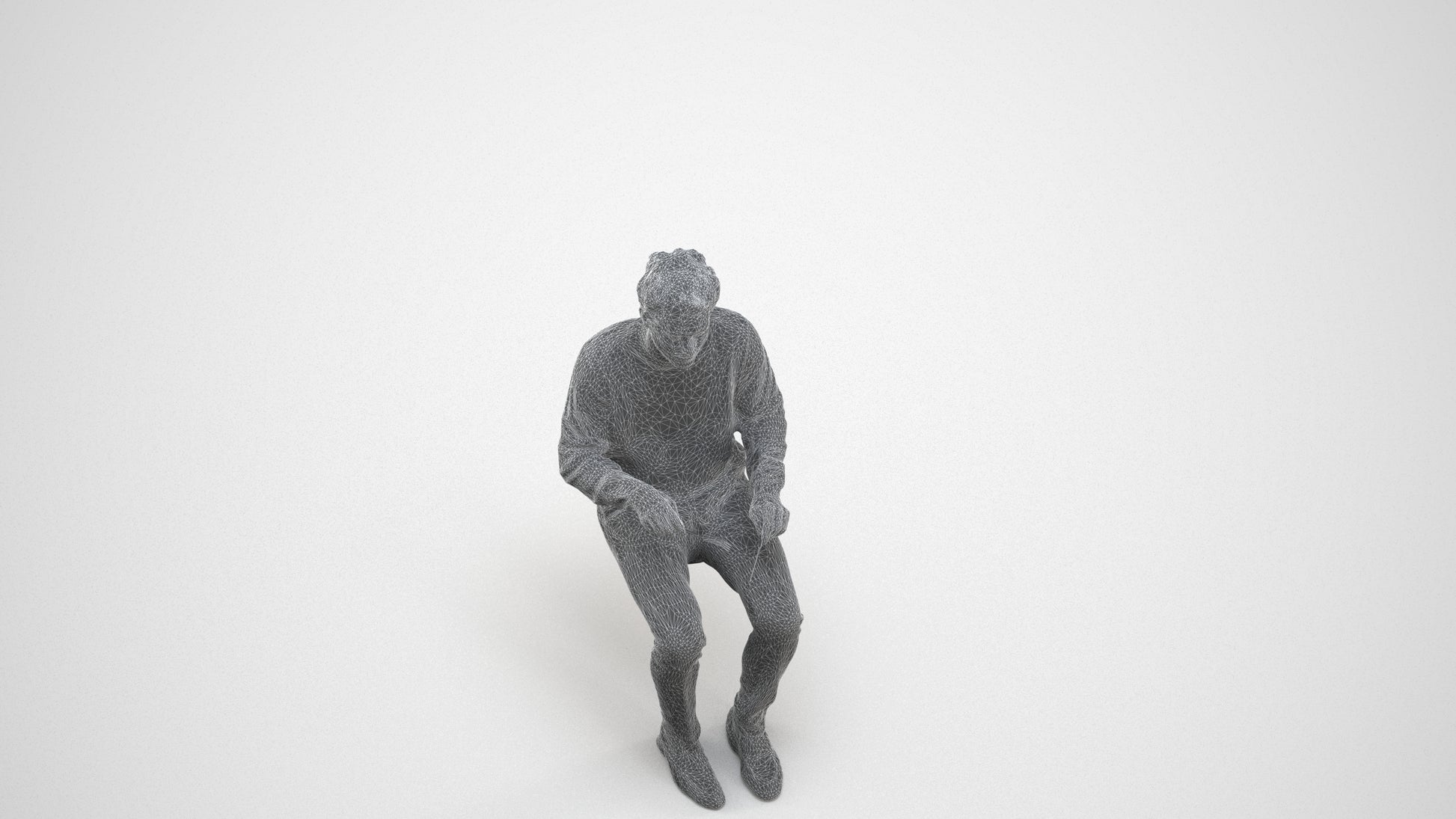 realistic 3D man casual sitting, scanned archviz people for Blender and 3ds Max, wireframe three-quarter view