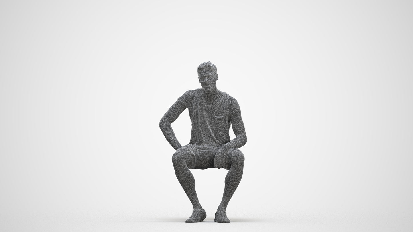 photogrammetry 3D man casual sitting, realistic human model archviz FBX, three-quarter front view render