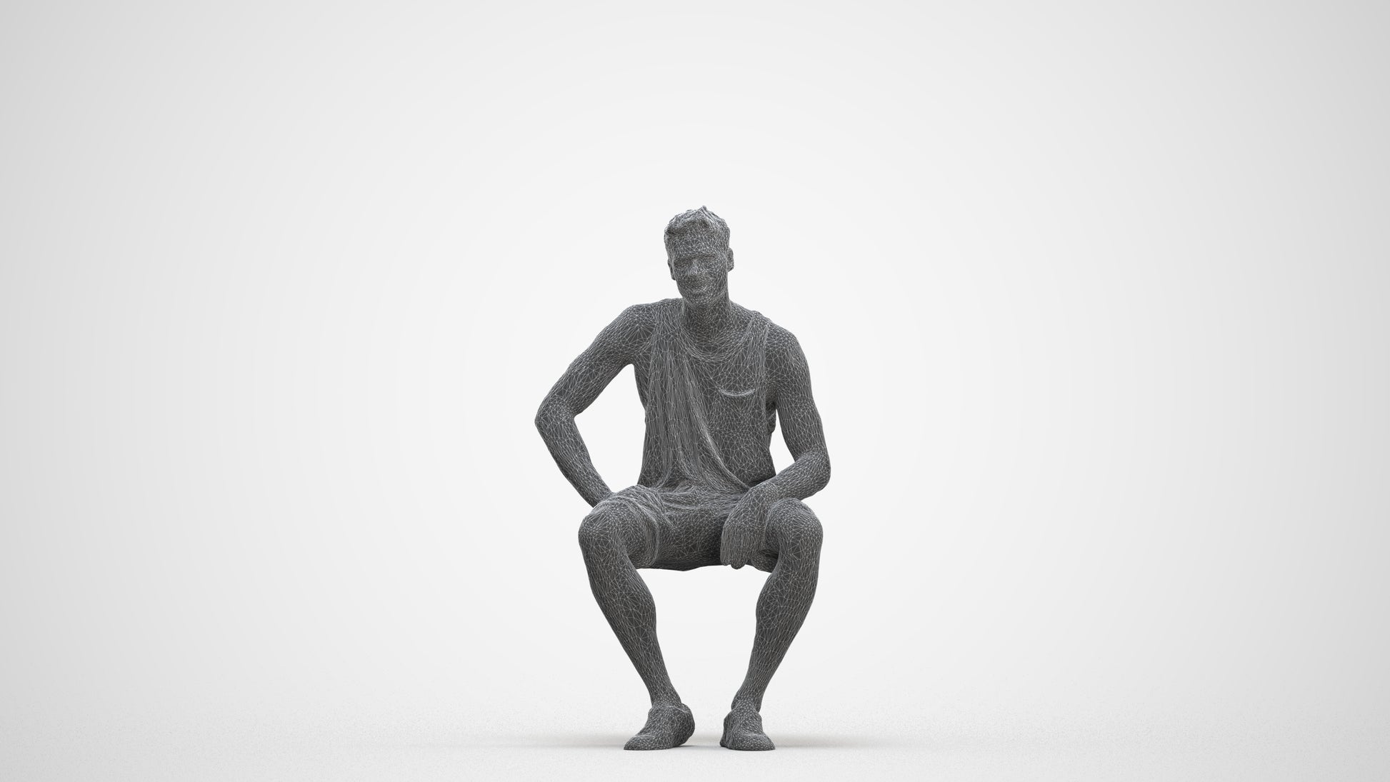 photogrammetry 3D man casual sitting, realistic human model archviz FBX, three-quarter front view render