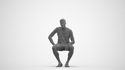 photogrammetry 3D man casual sitting, realistic human model archviz FBX, three-quarter front view render