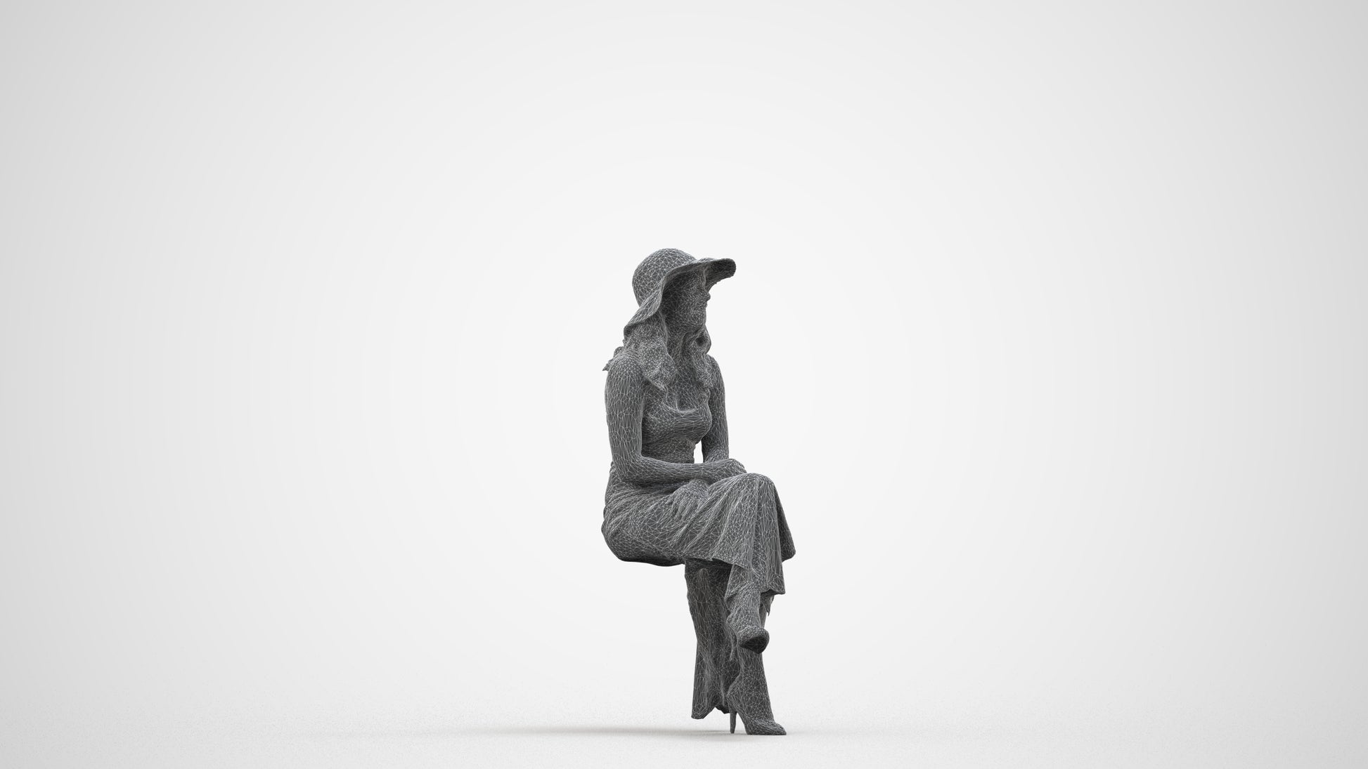 scanned 3D woman casual sitting, photogrammetry people for Enscape and V-Ray, wireframe side view