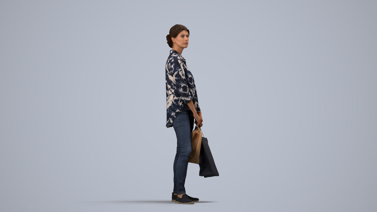 realistic 3D human woman casual shopping, archviz people FBX OBJ for Blender, side view render