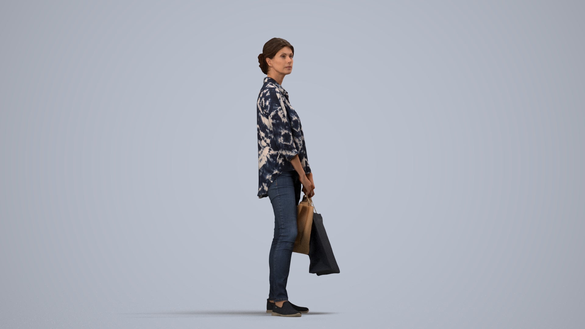 realistic 3D human woman casual shopping, archviz people FBX OBJ for Blender, side view render