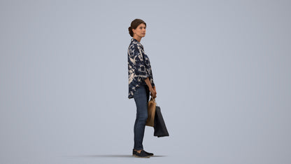 realistic 3D human woman casual shopping, archviz people FBX OBJ for Blender, side view render