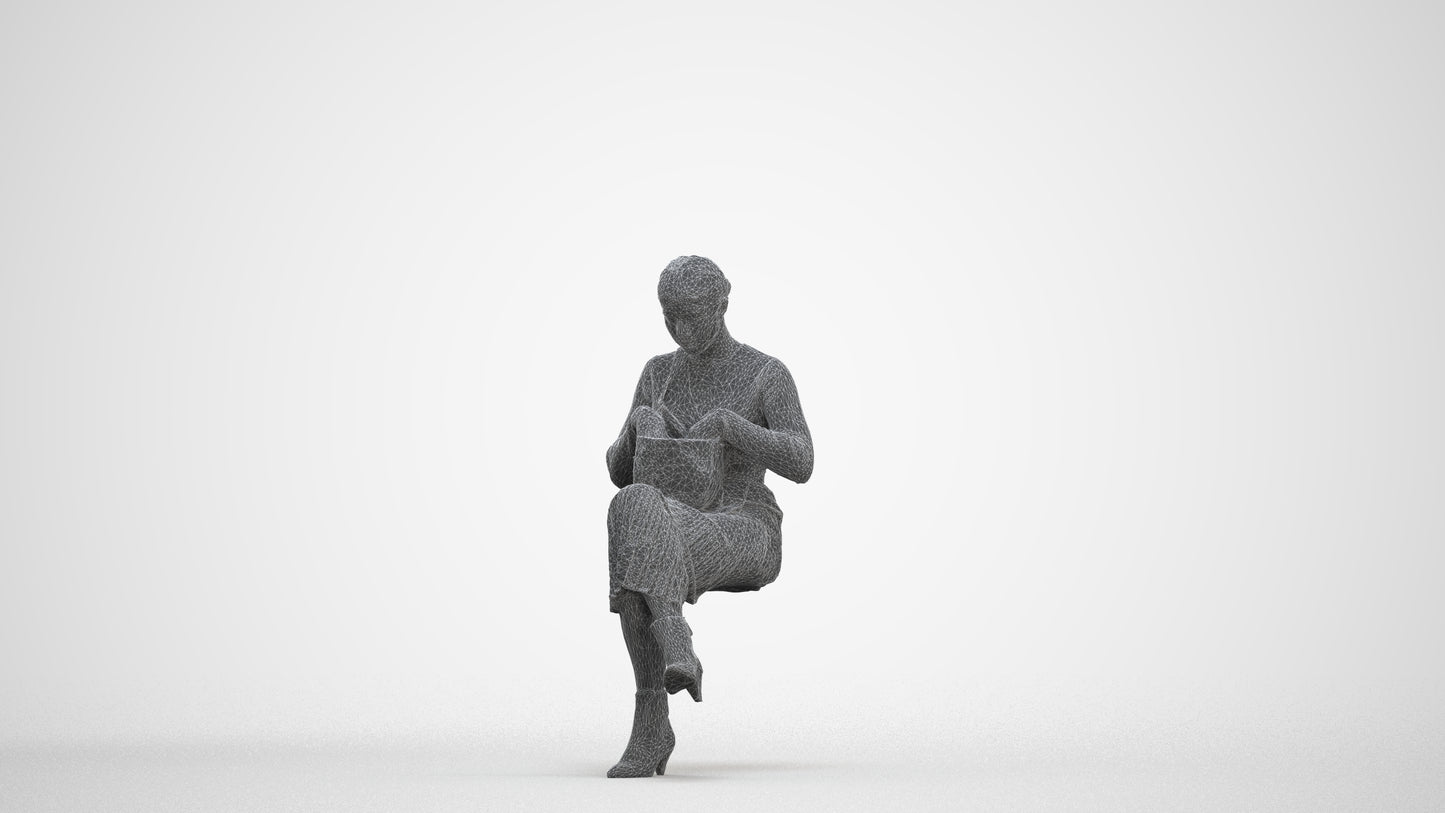 3D scanned woman sitting casual, photorealistic archviz people for Enscape and SketchUp, three-quarter front view render