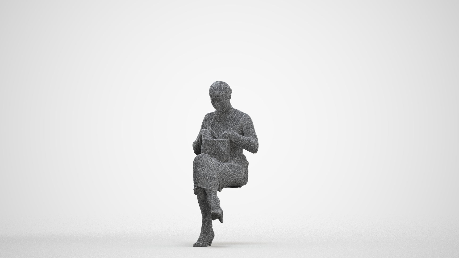 3D scanned woman sitting casual, photorealistic archviz people for Enscape and SketchUp, three-quarter front view render