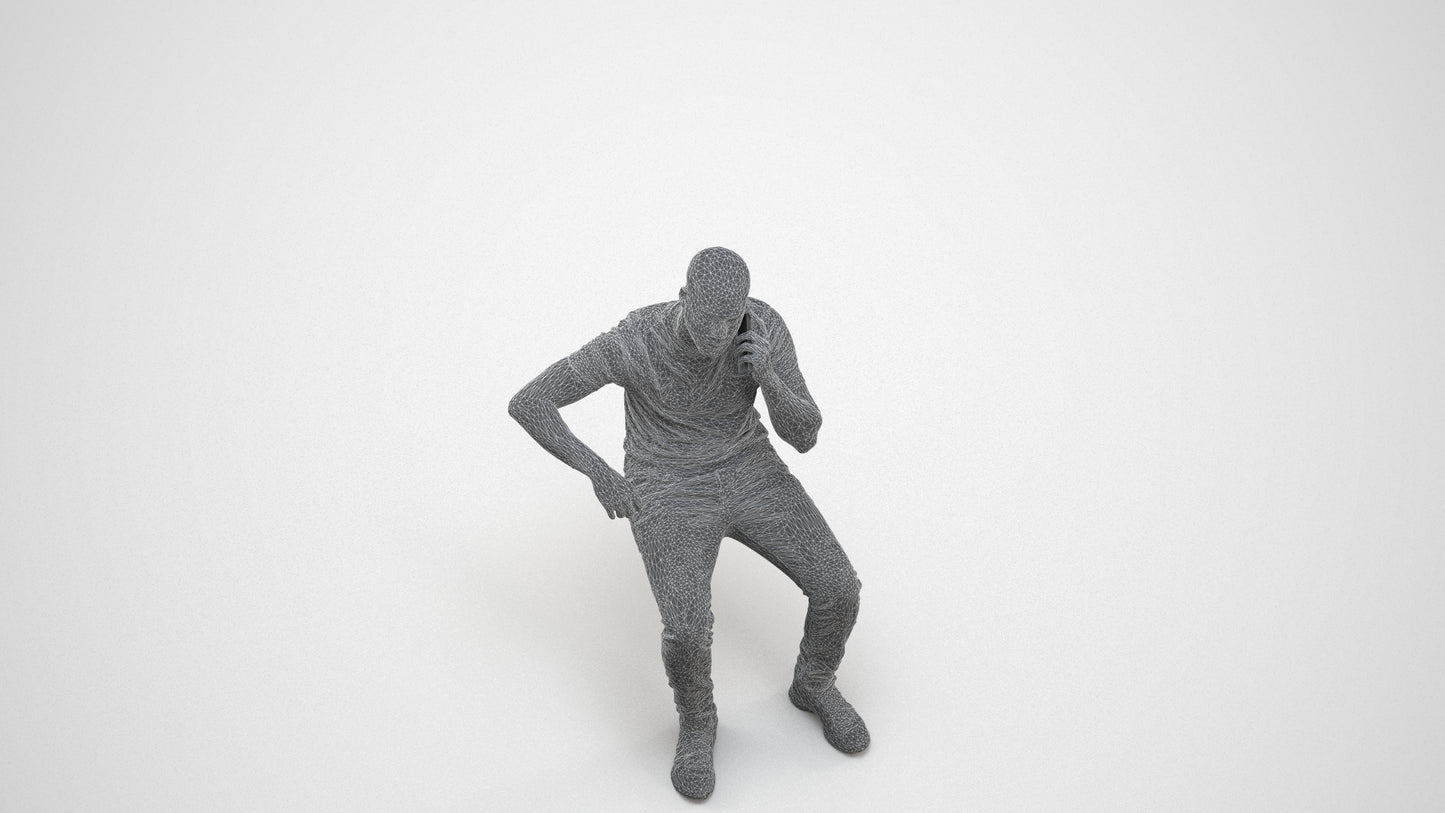 realistic 3D human man casual sitting, archviz people FBX OBJ for Blender, wireframe three-quarter view