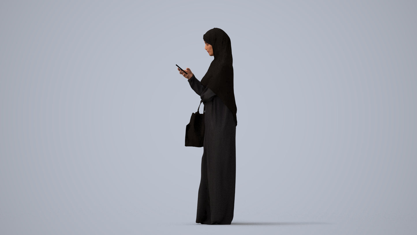 3D human model woman standing, photogrammetry scanned person for archviz, three-quarter view render