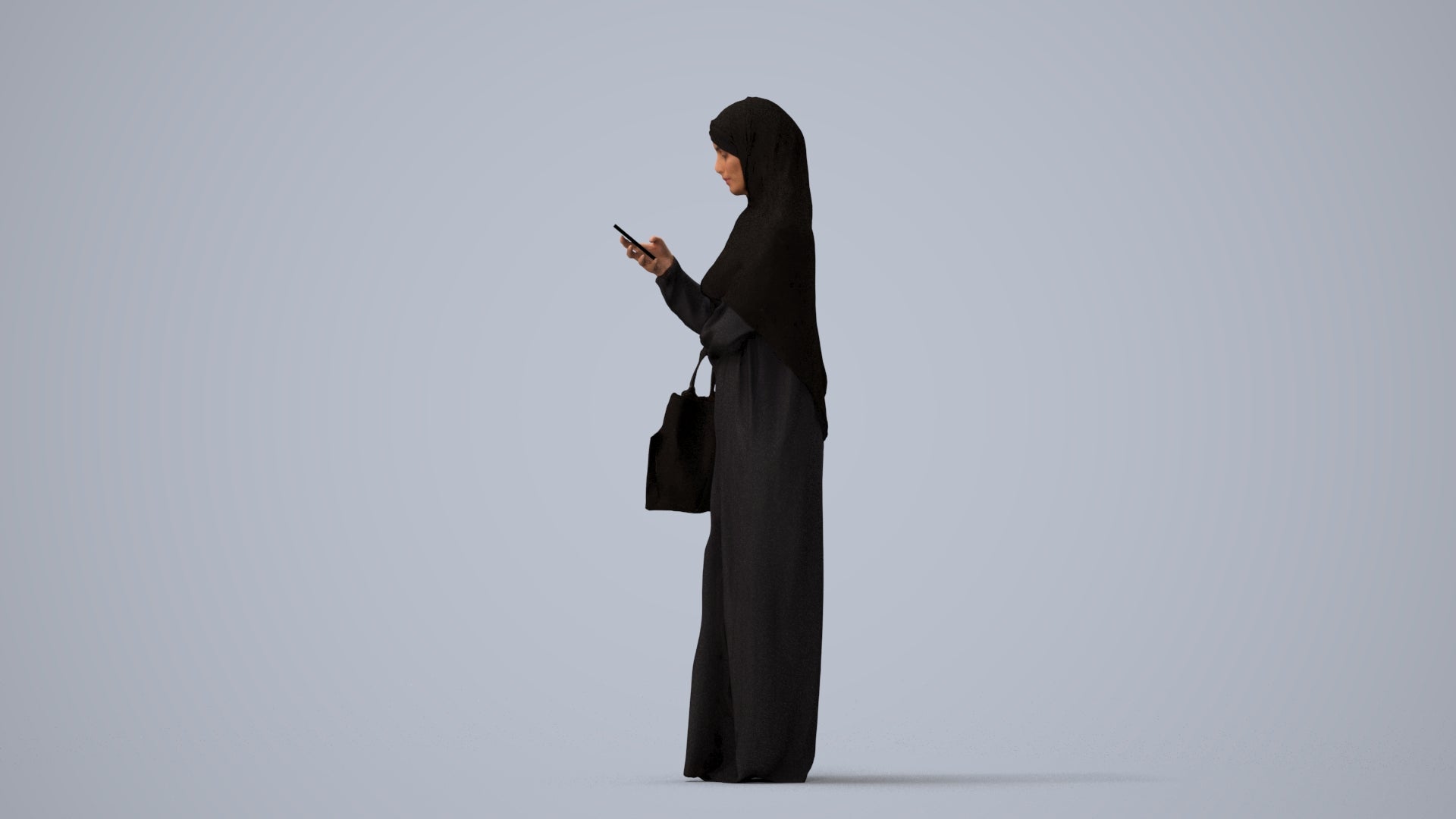 3D human model woman standing, photogrammetry scanned person for archviz, three-quarter view render