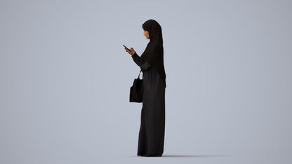 3D human model woman standing, photogrammetry scanned person for archviz, three-quarter view render