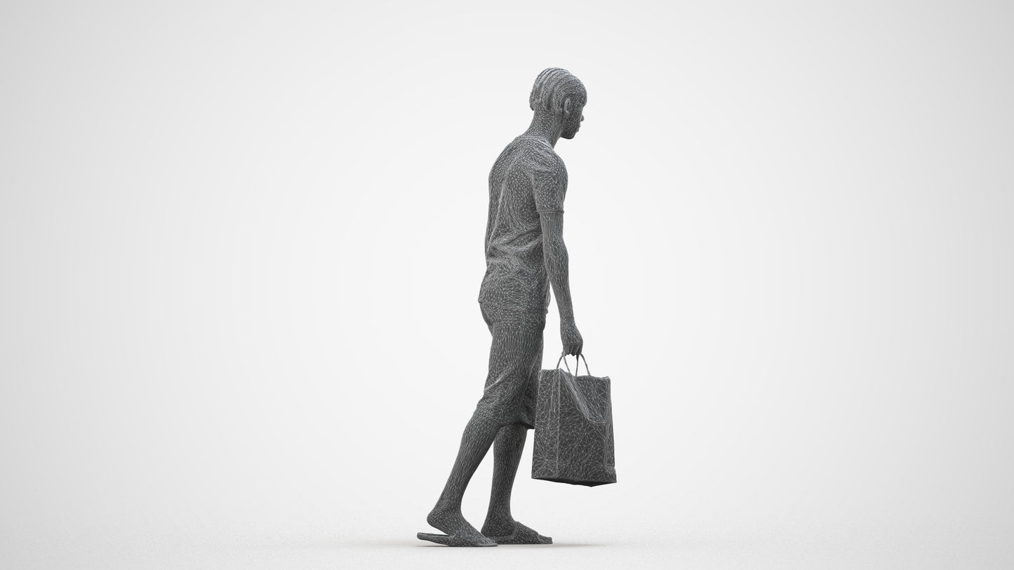 3D scanned boy shopping casual, photorealistic archviz people for Enscape and SketchUp, wireframe side view