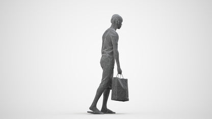 3D scanned boy shopping casual, photorealistic archviz people for Enscape and SketchUp, wireframe side view