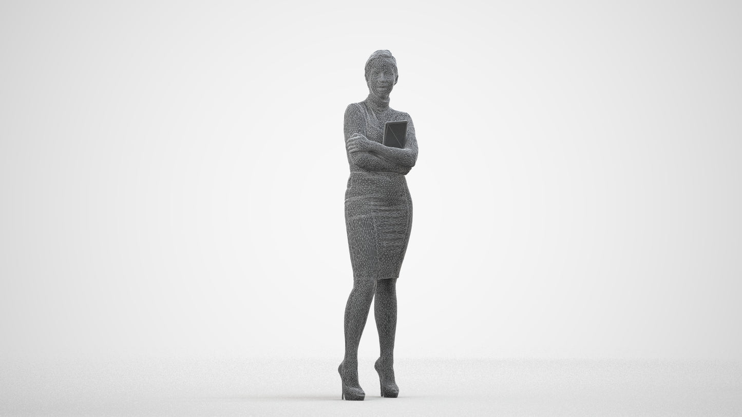 3D people model woman business standing, scanned human for 3ds Max rendering, wireframe side view